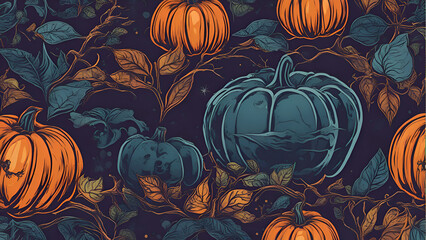 Halloween background with pumpkins and autumn leaves. Vector illustration.  - obrazy, fototapety, plakaty