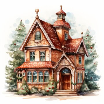 A cute old fashioned gingerbread style house decorated for Christmas. Generative AI. 