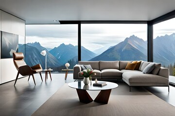 Round wooden coffee table near beige sofa and armchair against floor to ceiling panoramic window with winter mountain view.