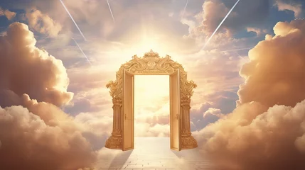 Fotobehang A majestic golden gate stands tall amidst fluffy white clouds, representing the ethereal doors to heaven and the promise of afterlife, with nuances created by Generative AI. © Sebastián Hernández