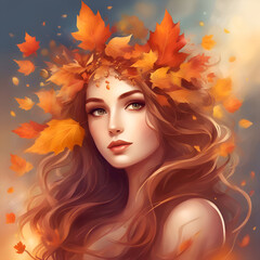 Obraz na płótnie Canvas Beautiful young woman with autumn leaves in her hair. Vector illustration. 