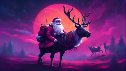 Santa Claus with reindeer and deer in the forest at night 