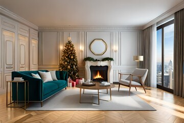 Christmas living room with christmas tree and gifts under it - modern classic style, 3D rendering, 3D illustration