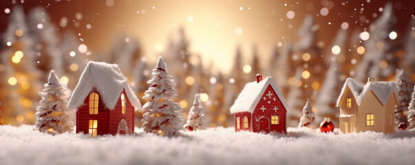 Christmas decorations of tiny houses on a snowy blurred backdrop. Christmas Banner.