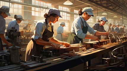 Fototapeta na wymiar A striking image captures women diligently working in a factory, underscoring the evolving inclusion and empowerment of women in the workforce. Rendered using Generative AI.