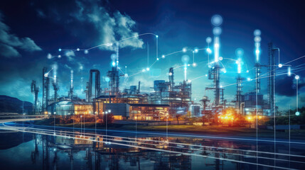 Naklejka premium Modern factory, communication network. Telecommunication. IoT, Internet of Things, ICT, Information communication Technology,. Smart factory. Digital transformation, cloud connecting, generate by AI.