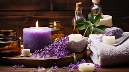 Obraz na płótnie Canvas Beautiful spa treatment composition such as Towels, candles, essential oils, Massage Stones on light wooden background. blur living room, natural creams and moisturising Healthy lifestyle, body care