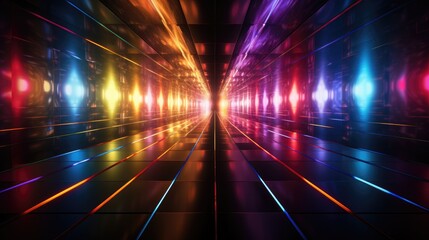 3D rendering, neon ultraviolet square portal, glow lines, tunnel, walkway, purple, arch, laser show.