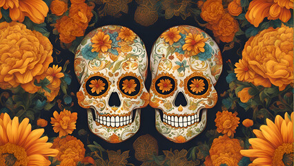 Day of the Dead Sugar Skulls with flowers. Vector Illustration. 