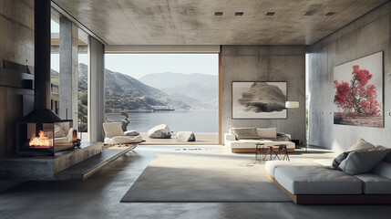 An open concrete room with a tv in the living room, in the style of gravity-defying landscapes.
