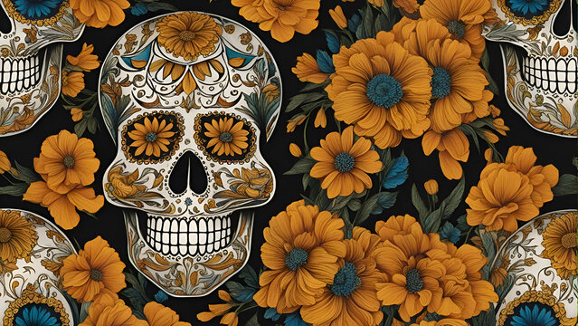 Day of the Dead seamless pattern with sugar skull and flowers. Vector illustration. 