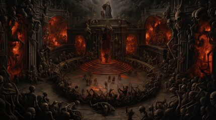 A haunting representation of an infernal court, where shadowy figures preside over damned souls, in a realm of torment and fire. Crafted with precision by Generative AI. - obrazy, fototapety, plakaty