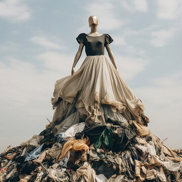 Fashion Mannequin on Pile of Clothes under Clear Sky. Fast fashion damage representation