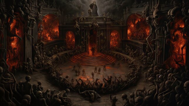 A haunting representation of an infernal court, where shadowy figures preside over damned souls, in a realm of torment and fire. Crafted with precision by Generative AI.