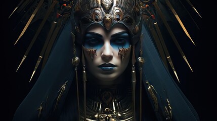 A compelling portrayal of the Egyptian goddess Isis, renowned for her roles in magic, motherhood, and protection, showcased in vivid hues and elaborate detailing. Generative AI.