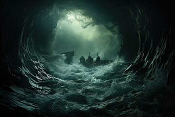 Fantasy scene with a ship in the stormy sea. 3D rendering. 