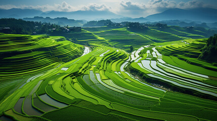 Green Terraced Rice Field in Pa Pong Piang, Vietnam.