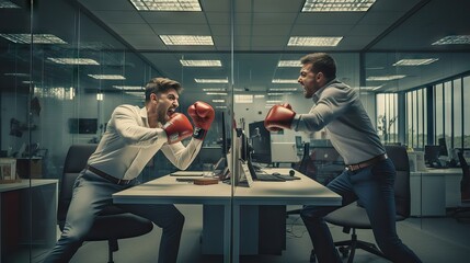 two office colleagues in an administrative setting, engaging in a boxing round complete with gloves, starkly revealing the toxic work environment and extreme competitiveness. Generative AI