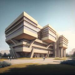 photorealistic brutalism architectural style building sunlit 