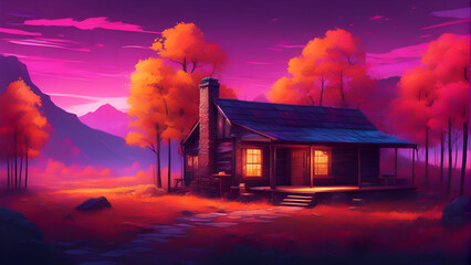 Wooden cottage in the forest at sunset. Digital painting illustration.  - obrazy, fototapety, plakaty