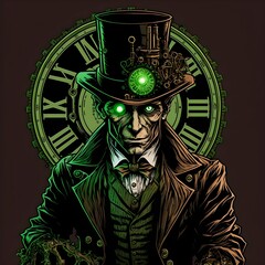 Victorian clockwork springheel jack comic book style highly detailed villain terrifying green glowing eyes 