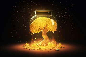 Spiritual awakening concept : 3D cool fantasy blessing tree rich and lucky golden tree jar  matrix dot decoration, Abundance life rich and lucky manifesting image