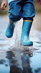Little kid with blue rubber boots jumping through puddles