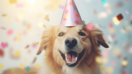 Happy dog in a birthday hat against a blurry background with confetti