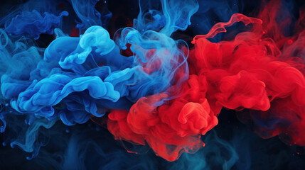 Blue and red paint in water on black background - obrazy, fototapety, plakaty