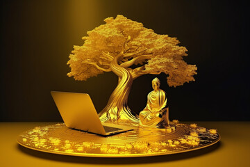 Spiritual awakening concept : 3D cool fantasy buddha blessing tree rich and lucky, buddha tree with laptop computer matrix dot decoration, Abundance life rich and lucky trading manifesting image