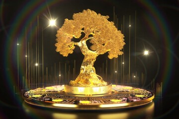 Spiritual awakening concept : 3D cool fantasy blessing tree rich and lucky tree matrix dot decoration, Abundance life rich and lucky manifesting image
