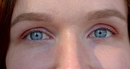 Close-up woman eyes, sense of intimacy and connection between viewer and subject, blue color of the iris. powerful symbol of a person's identity eyes close up. Recognizable features of an individual.