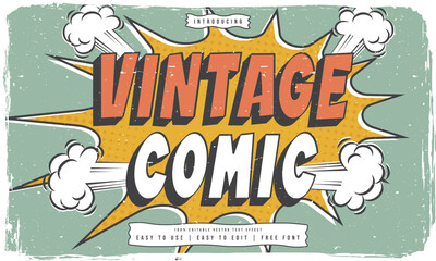 shabby worn vintage retro editable text effect in superhero cartoon comic style with grunge texture
