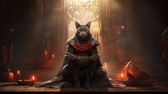 A captivating image of an Egyptian cat depicted in a regal manner, showcasing its dominion over both the human and spiritual realms. Generative AI.