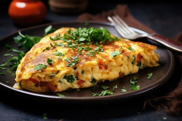 Omelet with cheese and parsley on a dark background, delicious egg omelet