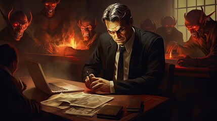 An evocative image portraying a devilish boss in an office setting, emphasizing the challenges and stress often associated with toxic workplace culture. Generative AI. - obrazy, fototapety, plakaty