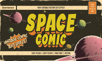vintage retro dirty worn shabby editable text effect with grunge textured in space comic concept © theos studio