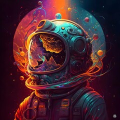 single psychadelic cartoon dark astronaut cool tshirt design on detailed background 90s acidwave trippy2 