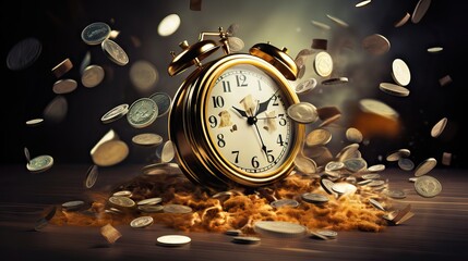 An evocative image of a clock on a table surrounded by stacks of money, symbolizing the invaluable nature of time in the business world. Generative AI. - obrazy, fototapety, plakaty