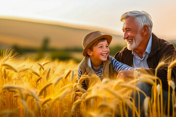 Senior man and his grandson in a wheat field. Concept of grandfather and grandson bonding