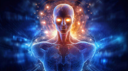 Awakening the Superpower Within: Vibrant Human Form Radiating Cosmic Consciousness  Self-Discovery - obrazy, fototapety, plakaty