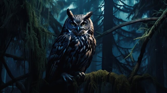 A captivating image of a mysterious owl perched in a dark forest, illuminated by the soft glow of the moon. Generative AI.
