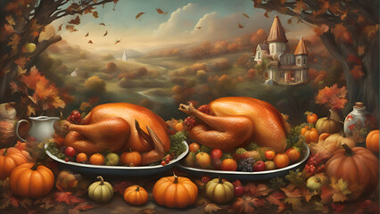 Thanksgiving dinner with turkey. pumpkins. apples and fall leaves  - obrazy, fototapety, plakaty
