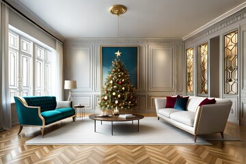 Stylish living room interior with decorated Christmas tree and comfortable armchairs. Modern living room