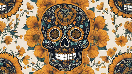 Day of the Dead Sugar Skull with floral background. Vector illustration. 