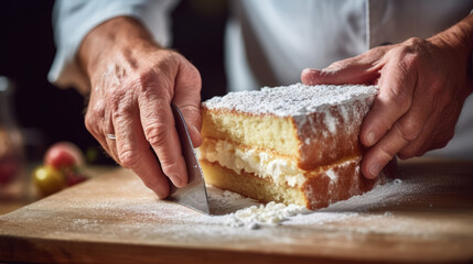 Skilled baker meticulously preparing a delicious cake/pie in a professional kitchen setting