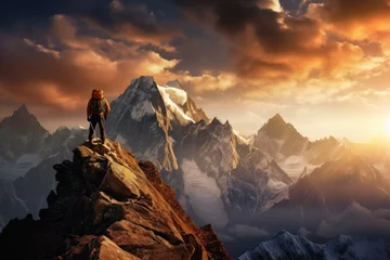 Papier Peint photo Marron profond climber against the backdrop of majestic mountain landscapes