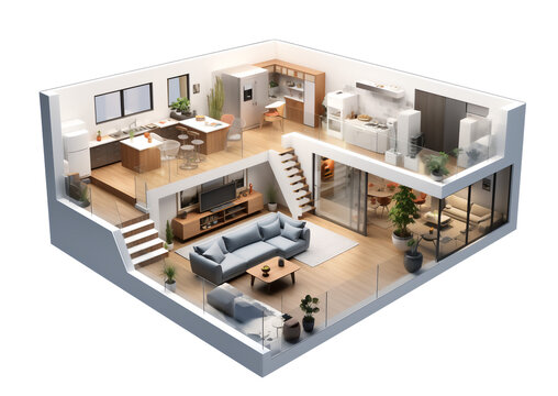 A 3D plan of the interior of a furnished home. A schematic representation of a house made by an architectural studio for design and construction purposes isolated over a transparent background