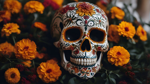 Day of the Dead Skull Decorated with Marigold Flowers 
