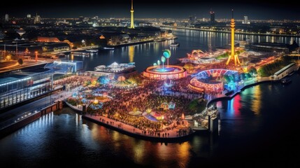 Fototapeta na wymiar High angle view of Dusseldorf Festival Night view along the river
